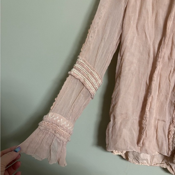 Sundance Fairy Viscose Buttons Crinkle Neck Tie Blouse Top Blush Pink Size XS - Picture 3 of 7